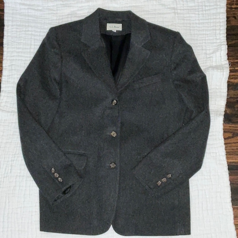 LL Bean Wool Cashmere Womens Blazer Jacket Sz 12 charcoal grey